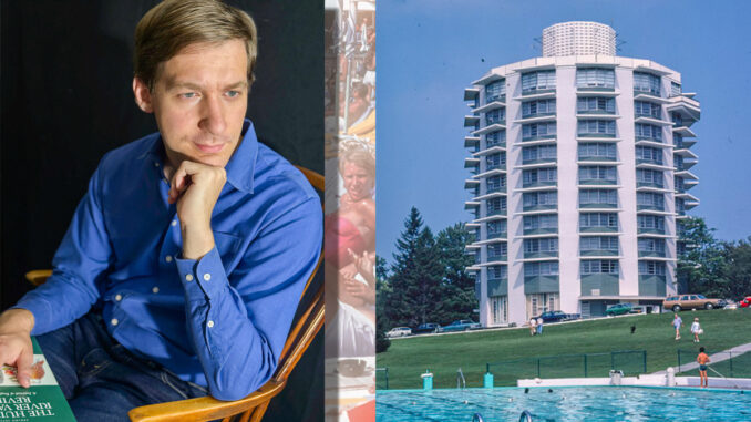 Alex Prizgintas is shown with a vintage image of the Nevele Grand Hotel, featured in his upcoming Borscht Belt lecture at the Montvale Public Library.