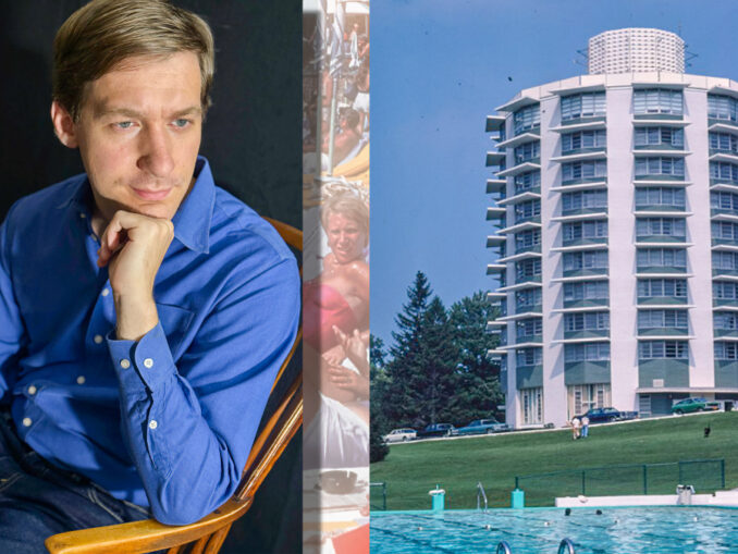 Alex Prizgintas is shown with a vintage image of the Nevele Grand Hotel, featured in his upcoming Borscht Belt lecture at the Montvale Public Library.