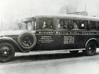 In 1935, owner Jerry Sexton sold the company to Rockland Coaches. Spring Valley Motor Coach Co. was later absorbed into Red & Tan Lines.Miss Spring Valley, launched in April 1926, made daily runs to Times Square with local stops in Montvale, Park Ridge, Woodcliff Lake, Westwood and Hillsdale. This photograph was taken on Broadway in Westwood, with the railroad tracks just visible in the background.