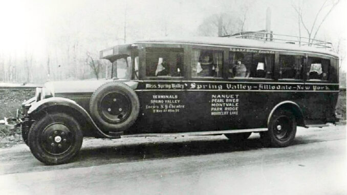 In 1935, owner Jerry Sexton sold the company to Rockland Coaches. Spring Valley Motor Coach Co. was later absorbed into Red & Tan Lines.Miss Spring Valley, launched in April 1926, made daily runs to Times Square with local stops in Montvale, Park Ridge, Woodcliff Lake, Westwood and Hillsdale. This photograph was taken on Broadway in Westwood, with the railroad tracks just visible in the background.