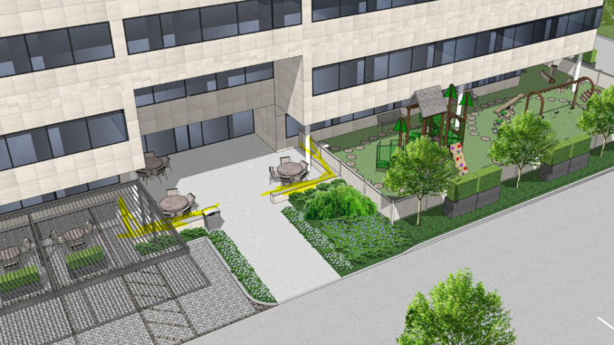 A rendering shows outdoor gathering and play areas planned for Valley Chabad’s future community home at 530 Chestnut Ridge Road in Woodcliff Lake. The project, now under construction, will include worship, educational, social, and youth spaces as part of a new approximately 20,000-square-foot facility expected to open in 2027. Courtesy Valley Chabad