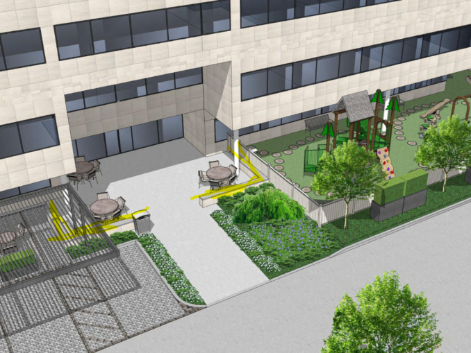 A rendering shows outdoor gathering and play areas planned for Valley Chabad’s future community home at 530 Chestnut Ridge Road in Woodcliff Lake. The project, now under construction, will include worship, educational, social, and youth spaces as part of a new approximately 20,000-square-foot facility expected to open in 2027. Courtesy Valley Chabad
