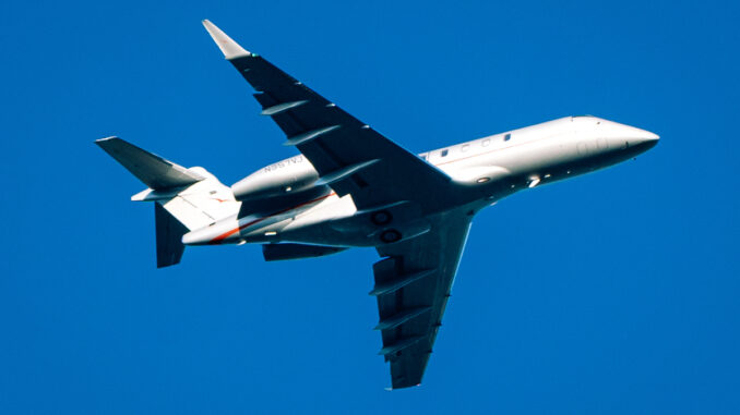 A small jet aircraft flies over the Township of Washington in fall 2025. Air traffic connected to Teterboro Airport is a near-constant presence — and to many a tiresome intrusion for Pascack and Northern Valley residents. Credit John Snyder.