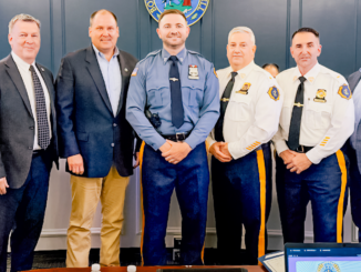 Pictured from left are Bergen County Commissioner Chairman Steven Tanelli, Oradell Mayor James Koth, Stefano, Oradell Police Chief David Gangemi, Lt. Joe Maino and Councilman Ted Gullo.