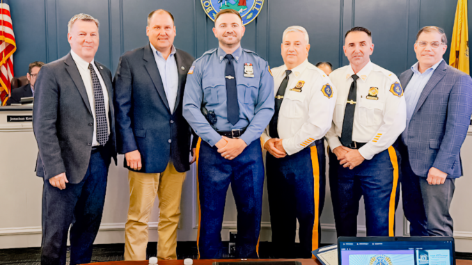 Pictured from left are Bergen County Commissioner Chairman Steven Tanelli, Oradell Mayor James Koth, Stefano, Oradell Police Chief David Gangemi, Lt. Joe Maino and Councilman Ted Gullo.