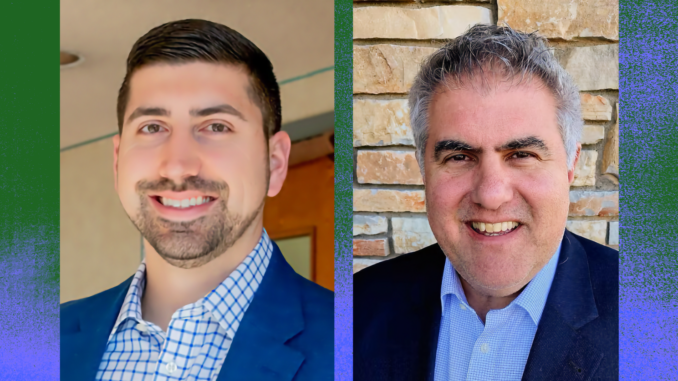 Anthony Rizzo, left, was elected May 8 as next president of the board of the Pascack Valley Chamber of Commerce. He succeeds Tony Pallogudis, right, who recruited him as vice president three years ago. (Rizzo portrait Havana Photography.)