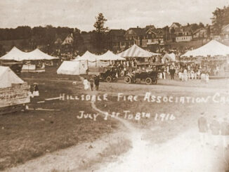It’s all fun and games in Hillsdale 110 years ago this week. The annual Firemen’s Carnival was held July 1–8, 1916, on the field (now a residential neighborhood) at Magnolia Avenue and Cross Street. The hand-printed sign on the left advertises land for sale at $400 an acre.