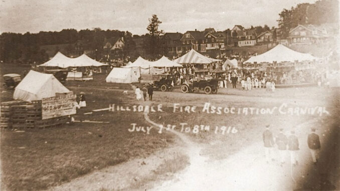 It’s all fun and games in Hillsdale 110 years ago this week. The annual Firemen’s Carnival was held July 1–8, 1916, on the field (now a residential neighborhood) at Magnolia Avenue and Cross Street. The hand-printed sign on the left advertises land for sale at $400 an acre.