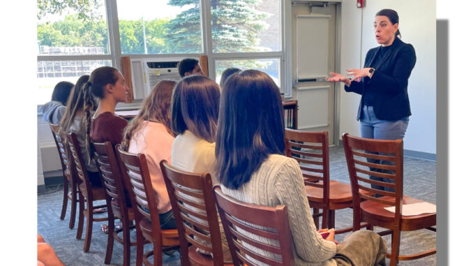 Dr. Jenna Russo, director of research and head of the Brian Urquhart Center for Peace Operations at the International Peace Institute, meets with 30 AP World History seniors to discuss her work with the United Nations and IPI. Via Mary Doherty.