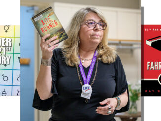 League of Women Voters of Northern Valley president Tomasina Schwarz displays books that have faced challenges or bans elsewhere during a discussion on school board elections and public education issues June 18 at the Westwood Community Center. John Snyder photo.