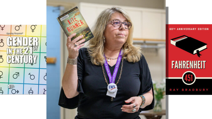 League of Women Voters of Northern Valley president Tomasina Schwarz displays books that have faced challenges or bans elsewhere during a discussion on school board elections and public education issues June 18 at the Westwood Community Center. John Snyder photo.