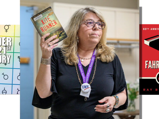 League of Women Voters of Northern Valley president Tomasina Schwarz displays books that have faced challenges or bans elsewhere during a discussion on school board elections and public education issues June 18 at the Westwood Community Center. John Snyder photo.