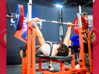 RECORD LIFT: Chase Miller, a 2024 Pascack Hills graduate, bench-presses 357.5 pounds at the USPA Summer Showdown in Latham, New York, on July 12. The lift set a New Jersey raw bench press record in the Junior Men (18–19) 100-kilogram division and earned Miller a gold medal.