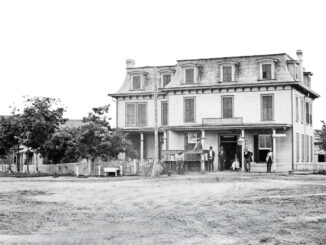 ‘Downtown’ Westwood in the 1870s. This view looks across the intersection of Railroad Avenue and Main Street (Broadway and Westwood Avenue) toward the Westwood House hotel, built in 1869. This location is now the Westwood Gallery.