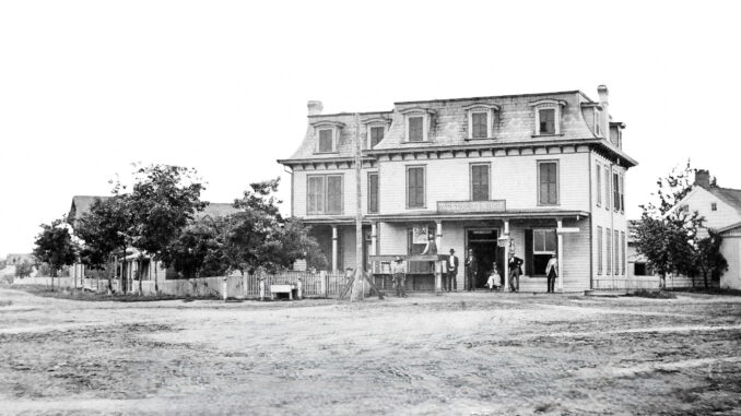 ‘Downtown’ Westwood in the 1870s. This view looks across the intersection of Railroad Avenue and Main Street (Broadway and Westwood Avenue) toward the Westwood House hotel, built in 1869. This location is now the Westwood Gallery.