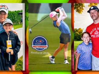 Going places! From left: Park Ridge junior golfer Brooklyn Behrens with LPGA star Brooke Henderson at the 2025 ShopRite LPGA Classic on Seaview’s Bay Course in Galloway; Brooklyn competing at the 2026 U.S. Kids Golf World Championship in Pinehurst, North Carolina; and Brooklyn with her father and longtime coach, Tom Behrens. Left photo by Tom Behrens; center and right photos courtesy of U.S. Kids Golf.