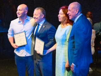 From left, Northvale athletic director and physical education teacher Mike Shulman, U.S. Rep. Josh Gottheimer, Northvale school nurse Joan Bowman, and Bergen County Clerk John Hogan mark Bowman and Shulman’s recognition as Fifth District Hometown Heroes at the Hackensack Performing Arts Center on July 31. Bowman and Shulman were honored for helping save a middle school basketball player who suffered cardiac arrest during a game.