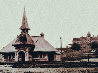 A 19th-century view of the Demarest railroad station, with the hotel on the hill in the background. This luxurious resort catered to well-to-do New Yorkers at a time when the Northern Valley was a vacation destination.