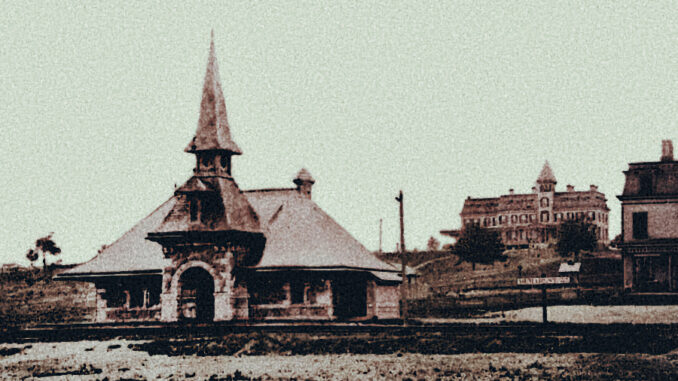 A 19th-century view of the Demarest railroad station, with the hotel on the hill in the background. This luxurious resort catered to well-to-do New Yorkers at a time when the Northern Valley was a vacation destination.