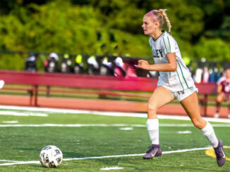 Allison “Allie” Polyniak advances the ball for Pascack Valley during her senior season. Polyniak was named to the United Soccer Coaches 2025–26 High School Scholar All-America Team. Courtesy photo.