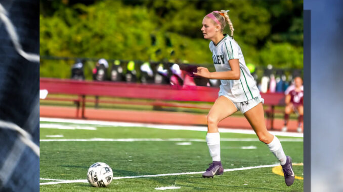 Allison “Allie” Polyniak advances the ball for Pascack Valley during her senior season. Polyniak was named to the United Soccer Coaches 2025–26 High School Scholar All-America Team. Courtesy photo.