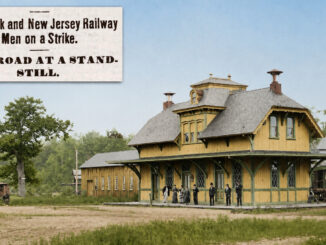 How the Hillsdale railroad station would have looked at the time of the 1876 workers’ strike, although this photograph likely dates to the 1880s. This week, 150 years ago, railroad workers went on strike after months of not receiving their pay. They pulled the trains into the Hillsdale station and then disabled them, halting travel on the Pascack Valley line for five days. Colorized.