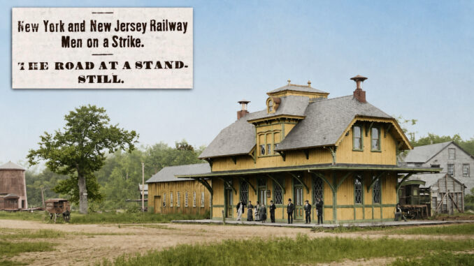 How the Hillsdale railroad station would have looked at the time of the 1876 workers’ strike, although this photograph likely dates to the 1880s. This week, 150 years ago, railroad workers went on strike after months of not receiving their pay. They pulled the trains into the Hillsdale station and then disabled them, halting travel on the Pascack Valley line for five days. Colorized.