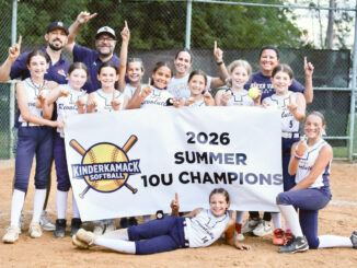 ’The 10U Girls River Vale Revolution summer softball team roster: Brooklynn Mikalouskas, Landyn Thomson, Olivia DiPaolo, Nicole Clarke, Cece Risalvato, Charlotte Laipple, Reagan Sutter, Lily Sousa, Annie Lustberg, Annaliesa Hartigan, Lia Vallejo, and Leah Ortiz. Head coach: Erin DiPaolo. Assistant coaches: Arianna Thomson, Alex Laipple, James Sutter. Team photo.