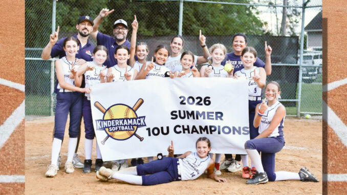 ’The 10U Girls River Vale Revolution summer softball team roster: Brooklynn Mikalouskas, Landyn Thomson, Olivia DiPaolo, Nicole Clarke, Cece Risalvato, Charlotte Laipple, Reagan Sutter, Lily Sousa, Annie Lustberg, Annaliesa Hartigan, Lia Vallejo, and Leah Ortiz. Head coach: Erin DiPaolo. Assistant coaches: Arianna Thomson, Alex Laipple, James Sutter. Team photo.