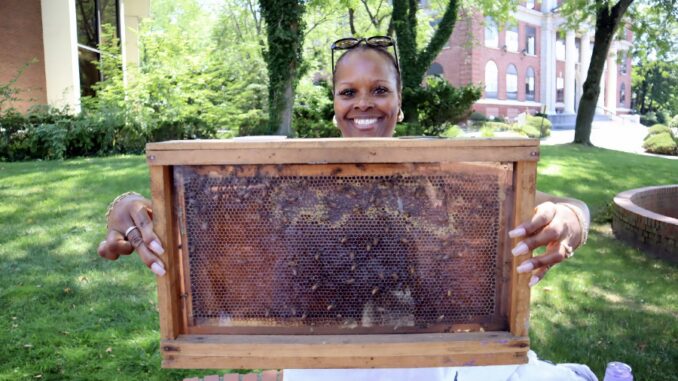 Englewood Environmental Commissioner Erin Thomas displays a honeycomb frame with bees during the city’s sixth annual National Honey Bee Day celebration at the Englewood Public Library on Aug. 16. Hillary Viders photo.