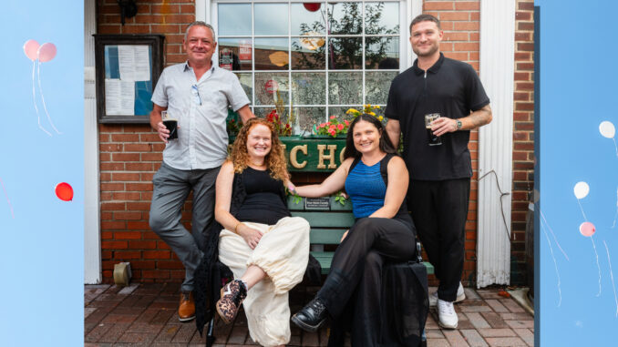 Celebrating the Late Rose Marie Farrelly on Sunday, Sept. 13, 2026 with a balloon release and bench dedication with family and friends at P.J. Finnegan’s downtown. Here, her husband, Luke, son, Desmond, and daughters, Denise and Nicole. John Snyder photo.