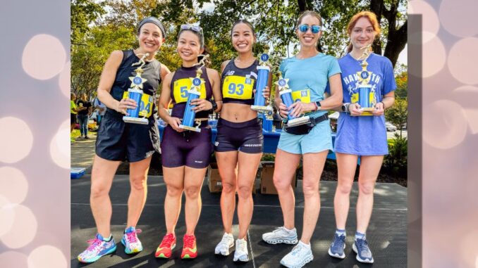 Women’s winners show off their trophies at a previous Haworth 5K. This year’s race will bring runners back to the borough.