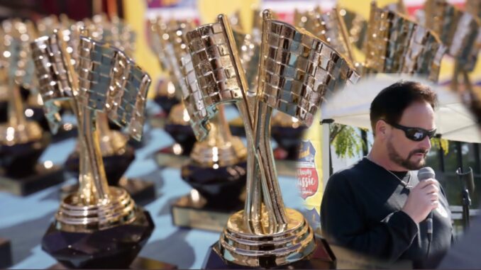 Trophies await car show winners. Inset: Joey’s Fund founder Tony DeCarlo, Joey’s father. The charity’s 12th annual car show returns to Closter Plaza Sept. 20 to raise money for patients and families facing serious illness.