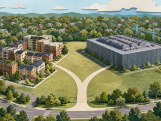 Conceptual illustration of competing housing and data-center uses for a redevelopment site. It does not depict the KPMG property or an actual site plan. In an irony not lost on us, the image was generated with OpenAI — technology that itself relies on data centers.