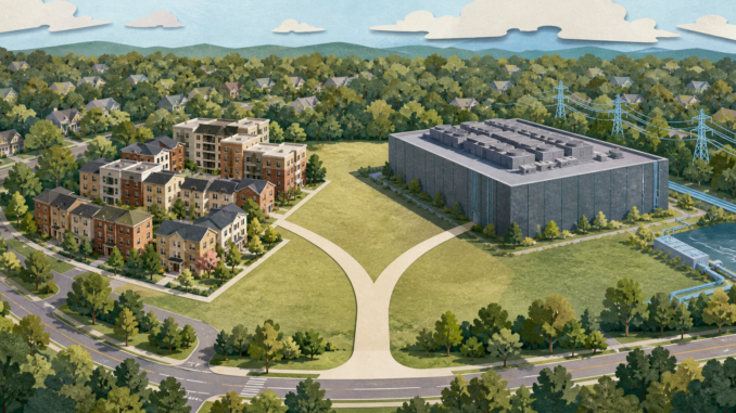 Conceptual illustration of competing housing and data-center uses for a redevelopment site. It does not depict the KPMG property or an actual site plan. In an irony not lost on us, the image was generated with OpenAI — technology that itself relies on data centers.