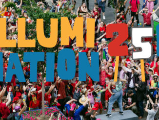 Improv Everywhere’s MP3 Experiment in New York City’s Garment District, paired with the Illumination 250 logo. Photo credits: Improv Everywhere and Ryan Huban.