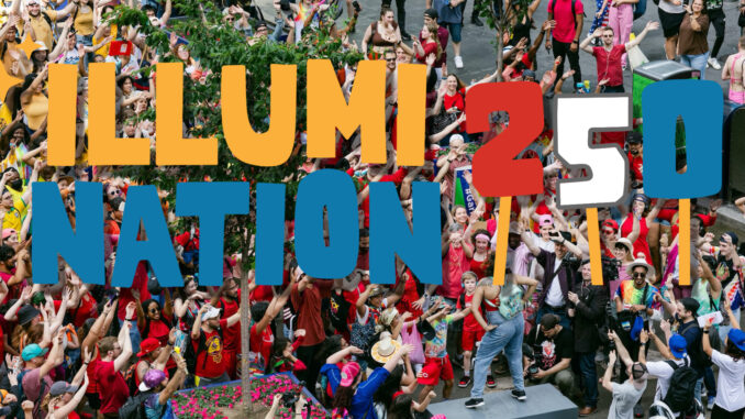 Improv Everywhere’s MP3 Experiment in New York City’s Garment District, paired with the Illumination 250 logo. Photo credits: Improv Everywhere and Ryan Huban.