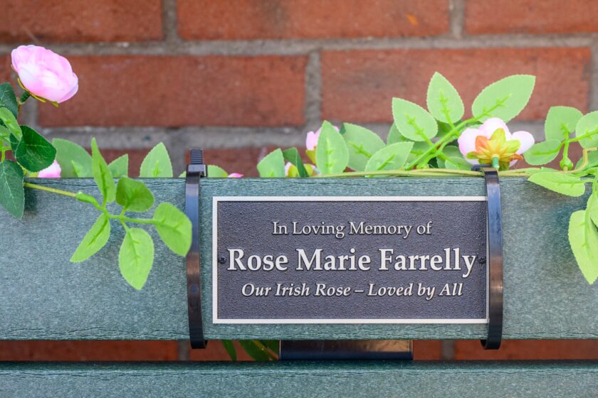 Rose Marie Farrelly's bench outside P.J. Finnegan's in Westwood, dedicated Sept. 13, 2026. John Snyder photo.
