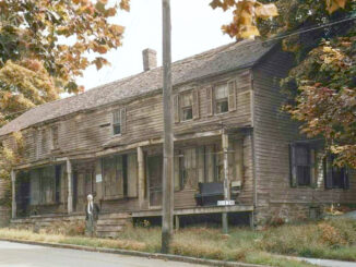 The stagecoach to Closter departed from Park Ridge’s Pascack Trading Post, a center of commerce for the Pascack Valley’s early settlers. This view shows the weathered building before its demolition in the 20th century. Its cornerstone, dated 1770, is preserved at the Pascack Historical Society’s museum.
