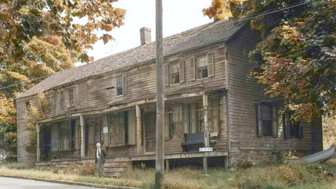 The stagecoach to Closter departed from Park Ridge’s Pascack Trading Post, a center of commerce for the Pascack Valley’s early settlers. This view shows the weathered building before its demolition in the 20th century. Its cornerstone, dated 1770, is preserved at the Pascack Historical Society’s museum.