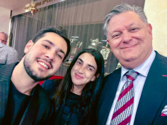 Photo caption: Eliya Cohen, left, and his wife, Ziv Abud, survivors of the Oct. 7, 2023, Hamas attack on Israel, with Woodcliff Lake Mayor Carlos Rendo at Temple Emanuel of the Pascack Valley on Oct. 8. The couple shared their experiences during an event commemorating the third anniversary of the attacks. Photo courtesy of Mayor Carlos Rendo.