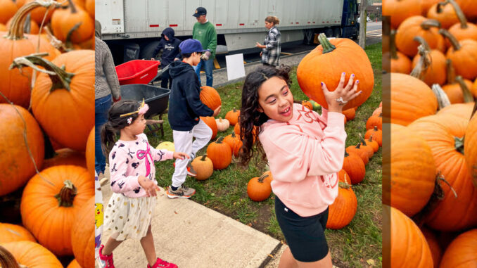 Fundraising Committee chair Cindy Micucci and church Treasurer Jack Rickly lead the project, supported by about 20 volunteers who arrange the display and staff the sales table throughout the month. Before sales can begin, friends, relatives and students from area high schools help unload the pumpkins from a tractor-trailer. Courtesy photo