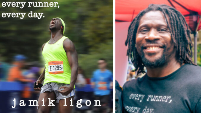 Jamik Ligon has taken his storytelling to the microphone. In January 2026, he launched the “Every Runner, Every Day” podcast, featuring conversations with runners about training, perseverance and the role running plays in their lives. Photo at right, by John Snyder at River Vale Day 2026.