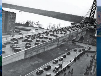 A snapshot from the George Washington Bridge’s first day of operation, Oct. 25, 1931, shows traffic at the New York entrance, with the Hudson River and New Jersey in the background.