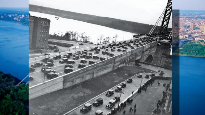 A snapshot from the George Washington Bridge’s first day of operation, Oct. 25, 1931, shows traffic at the New York entrance, with the Hudson River and New Jersey in the background.