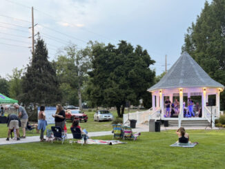 The Possums perform at the Nancy Woods Memorial Gazebo in Demarest during Feeding Neighbors Night on Aug. 12. At the event, student reporter Karin Lee polled residents about climate change concerns and their awareness of local resilience efforts. Photo by Karin Lee.