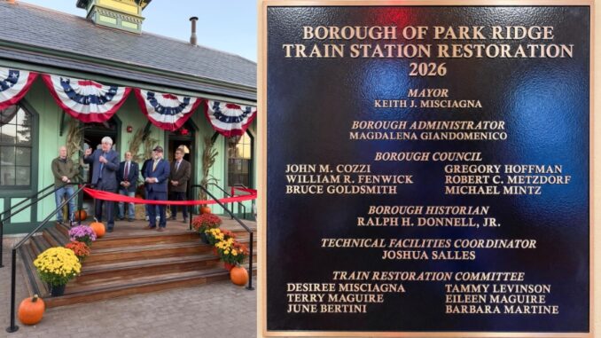 Park Ridge officials and residents celebrate the grand reopening of the borough’s restored 1871 train depot with a ribbon cutting Oct. 20. A new plaque recognizes borough officials, staff, historians and restoration committee members. Photos: Mike Olohan.